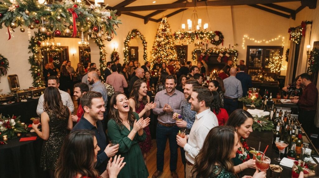 Wide shot stockfoto of a Christmas celebration gathering wit