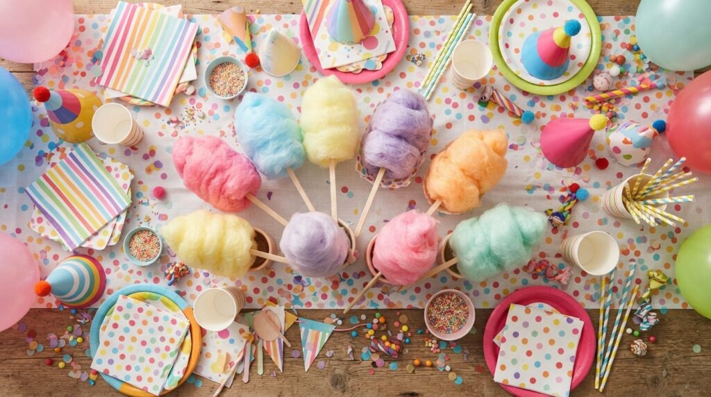 Overhead flat lay stock photo of multiple candy floss servin