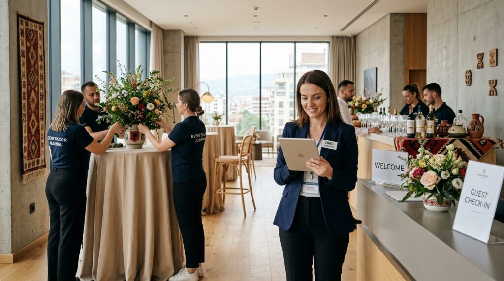 Professional event coordination scene: DMC planner checking