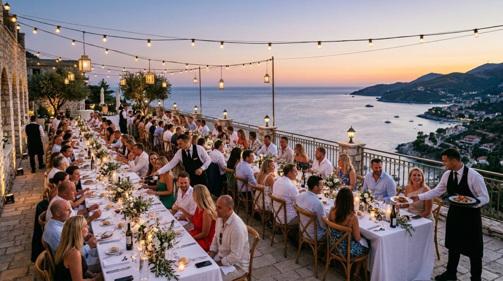 Wide angle shot of an elegant outdoor gala dinner in the Alb