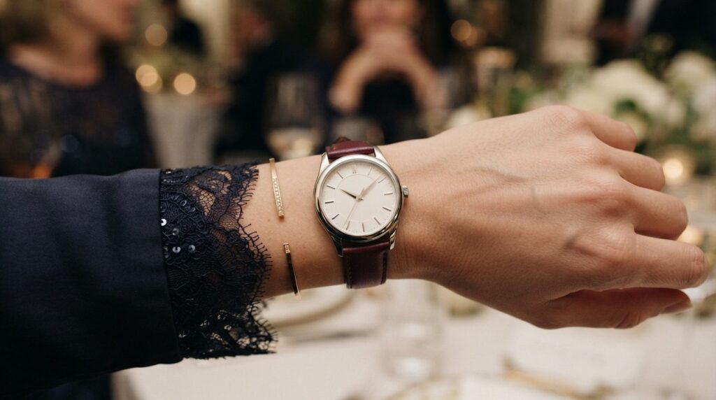 Close-up detail shot of a sophisticated womens dress watch 