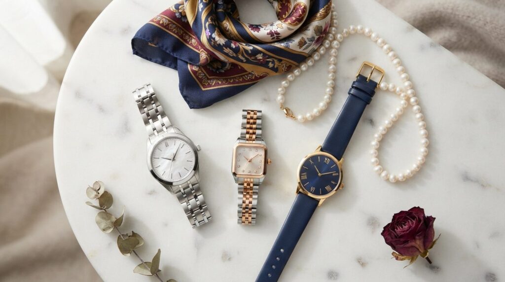 Flat lay composition of three elegant womens watches from p