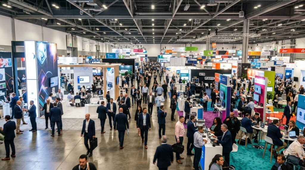 Dynamic wide-angle shot of a busy trade fair floor with mult