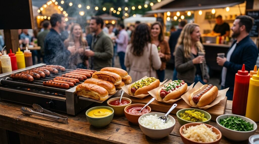 Close-up professional shot of freshly grilled sausages on a 