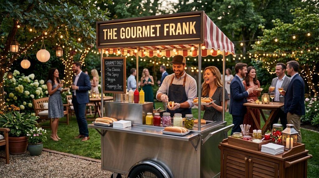 Professional photograph of a mobile hot dog cart at a privat