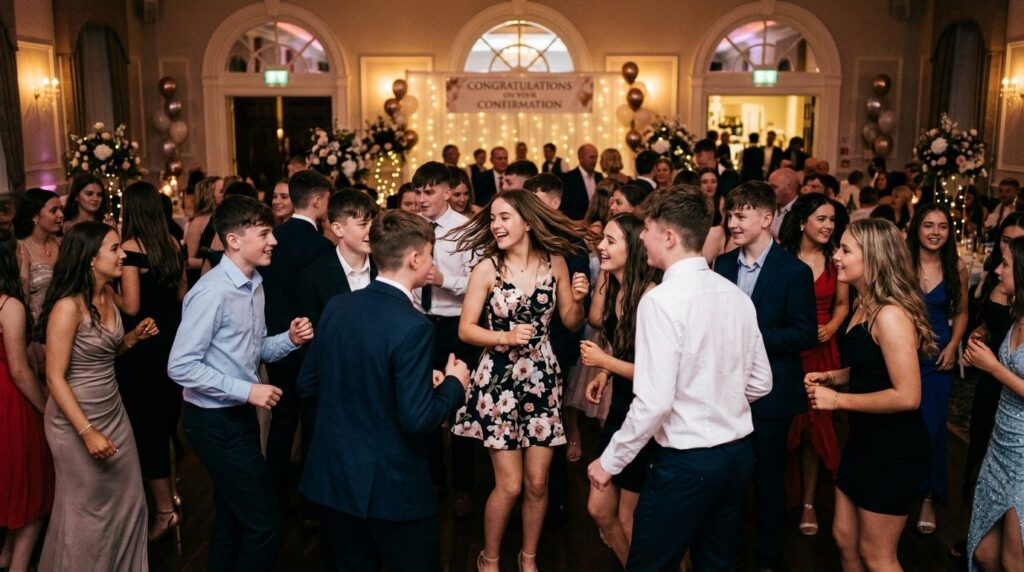 Confirmation party dance floor moments, 16:9, photorealistic