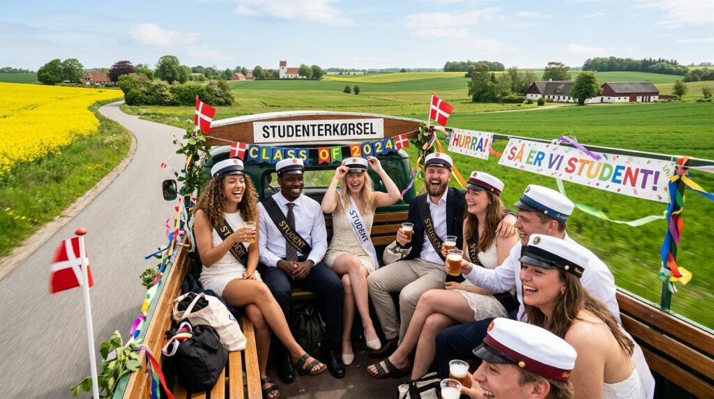 Gruppe af unge voksne i akademisk festtøj står sammen udenfor.