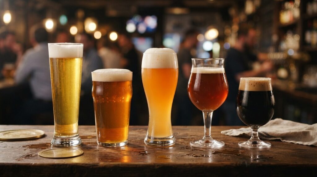 Close-up product photography of various beer types in differ