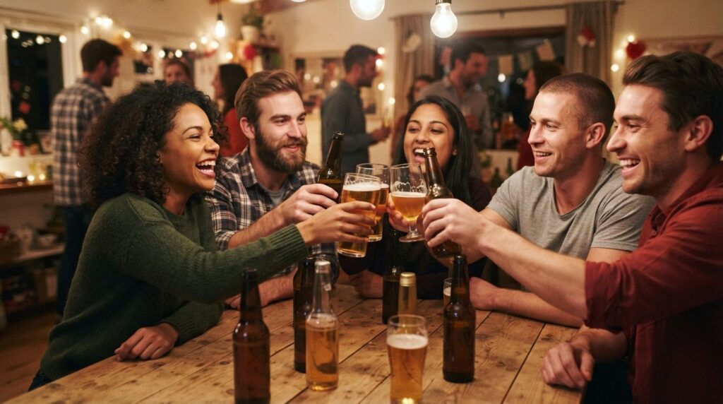 Candid group of friends at an indoor party gathering around