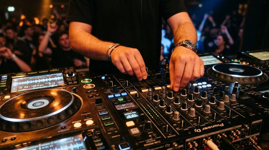 Hænder justerer på knapperne på en professionel DJ-mixer under udførelse.
