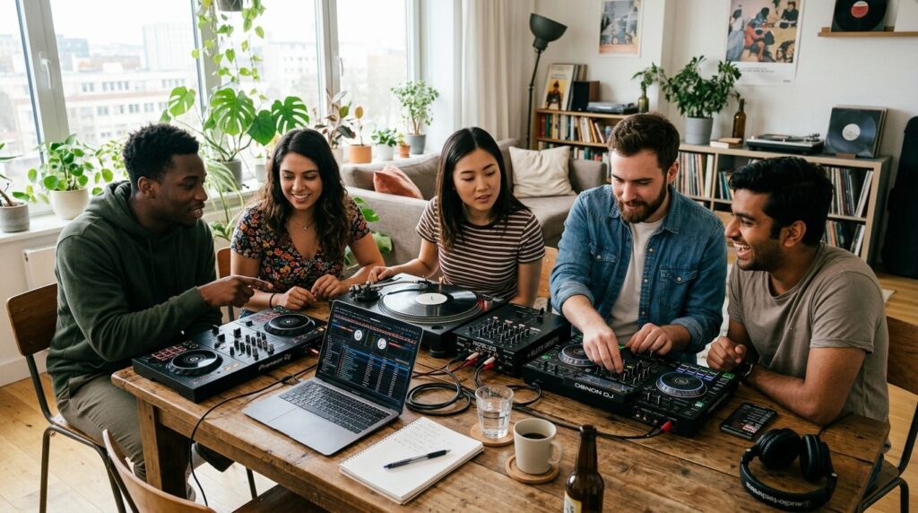 Venner sammenligner forskellige DJ-afspillere til deres kommende fest.