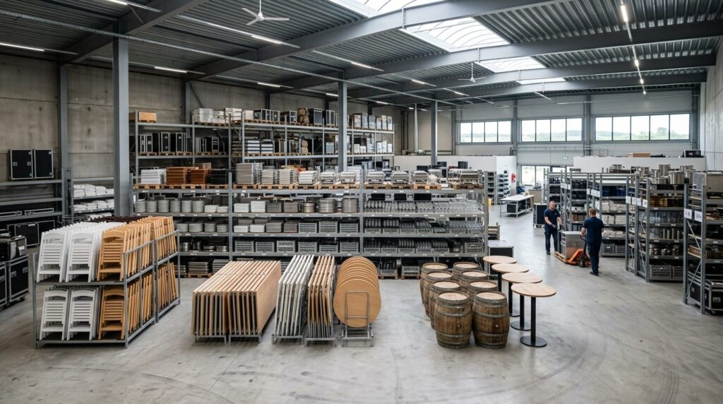 Wide angle photograph of a modern event rental warehouse or